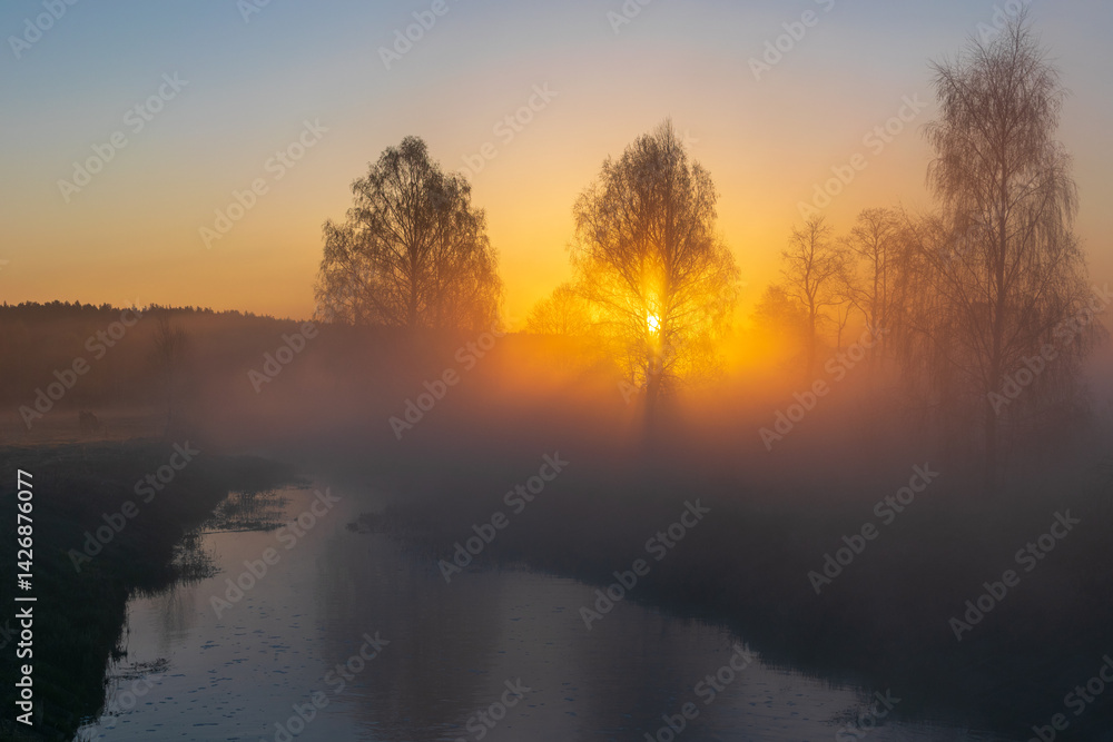 Fototapeta premium sunrise over the lake and field