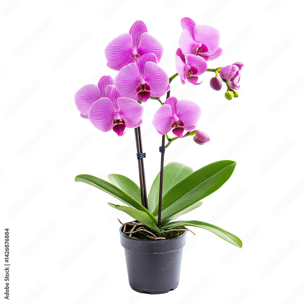 Vibrant pink orchid in a pot. Showy blooms and lush foliage Vibrant pink orchid in a pot. Showy blooms and lush foliage