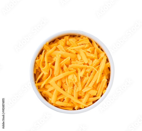 white ceramic bowl with shredded cheddar cheese isolated on a white background, top view.