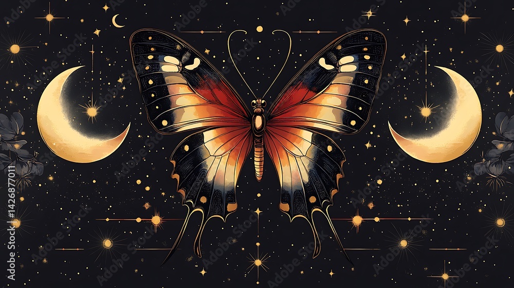 Celestial Butterfly Photo With Crescent Moons And Golden Stars On Dark Background Celestial Butterfly Photo With Crescent Moons And Golden Stars On Dark Background
