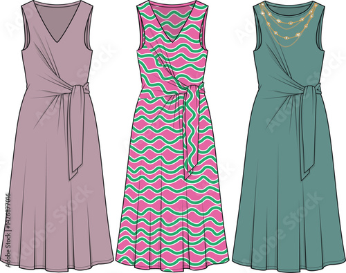 FIT AND FLARE MIDI LENGTH DRESS WITH WRAP TIE UP DETAIL DESIGNED FOR YOUNG WOMEN AND WOMEN IN VECTOR FILE