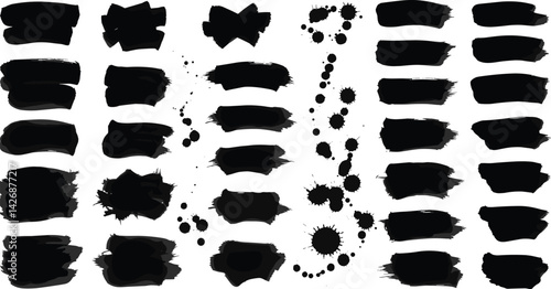 Paint brush, ink splatter, crosses, stains and paint strokes