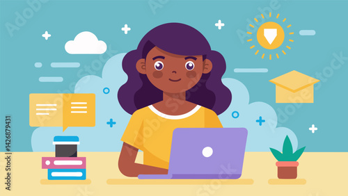 A young girl who speaks English as a second language mastering coding concepts and proudly showing off her progress at a minority tech bootcamp.. Vector illustration