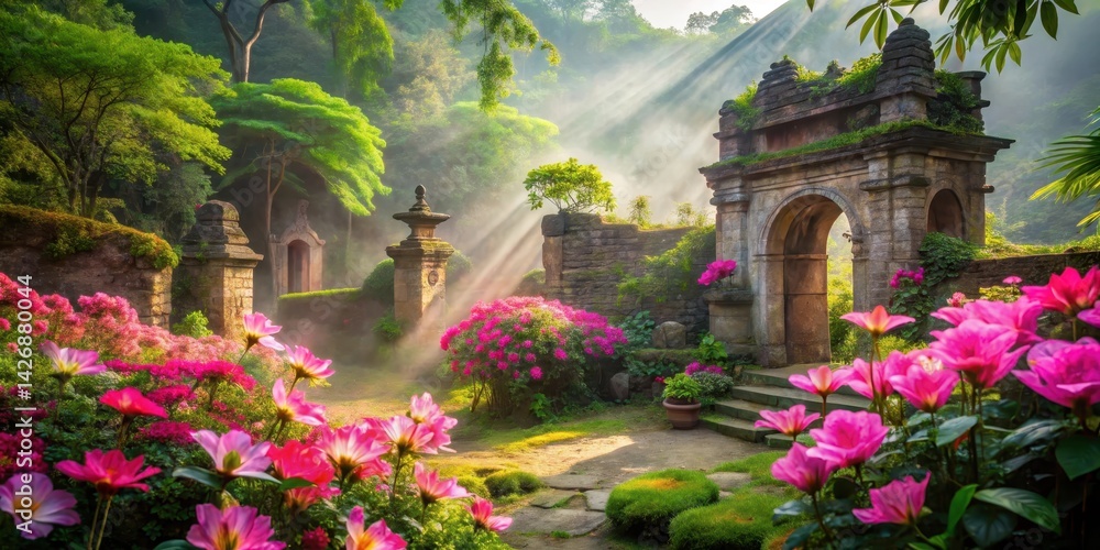 Naklejka premium Ethereal pink flowers bloom in a whimsical, dreamlike garden amidst lush greenery and ancient stone structures , serene
