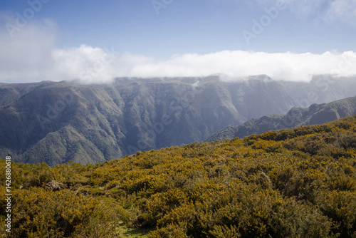 Obraz na płótnie Majestic view of Madeira's mountains showcasing lush valleys and dramatic landscapes under a clear blue sky w salonie
