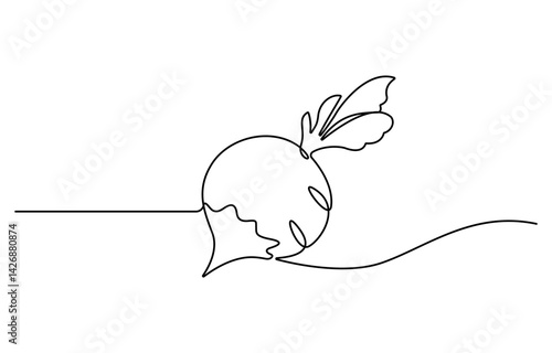 Continuous one line drawing of whole healthy organic red radish for farm logo identity. Fresh crop concept for edible root vegetable icon.