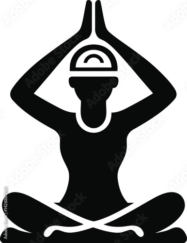 Set of a Meditative Figure Silhouette with Symbolic Elements, Featuring a Person Sitting Cross-Legged with Hands Pressed Together Above the Head, and a Wi-Fi-Like Symbol on the Forehead