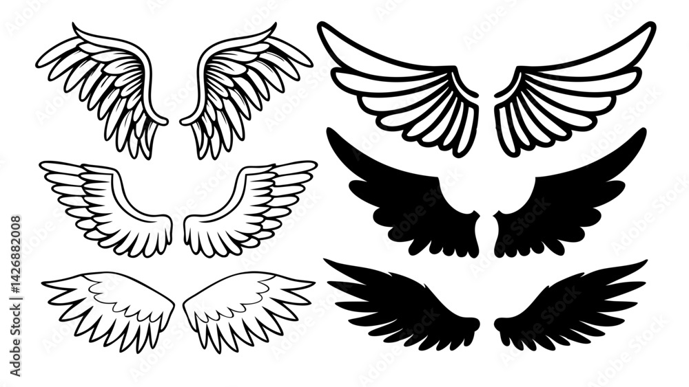 Collection of stylized wings with various designs in black and white illustration art style created with generated ai Collection of stylized wings with various designs in black and white illustration art style created with generated ai