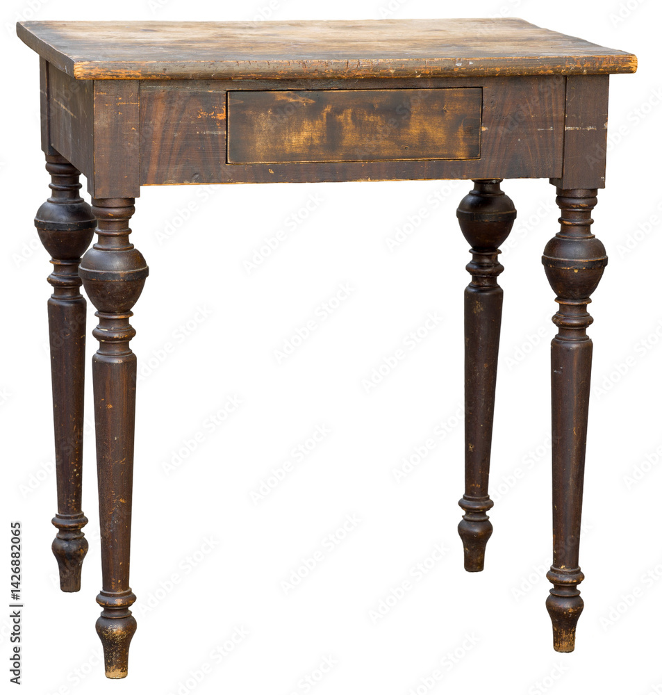 A vintage wooden table featuring ornate legs and a single drawer stands in a bright room. Its warm finish adds character to the space, enhancing the rustic atmosphere.