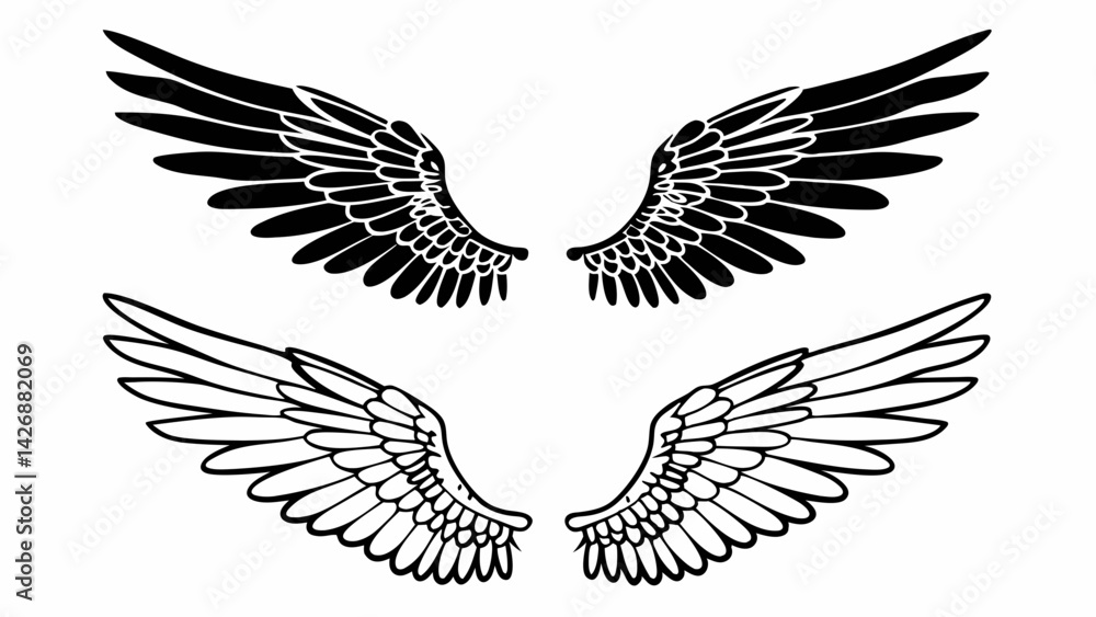 Illustration of two sets of wings one filled black and one outlined on a white background art design created with generated ai Illustration of two sets of wings one filled black and one outlined on a white background art design created with generated ai