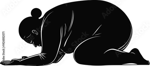 Silhouette of a Person Kneeling with Their Head Bowed and Arms Extended Forward, Representing Prayer, Meditation, or Emotional Reflection