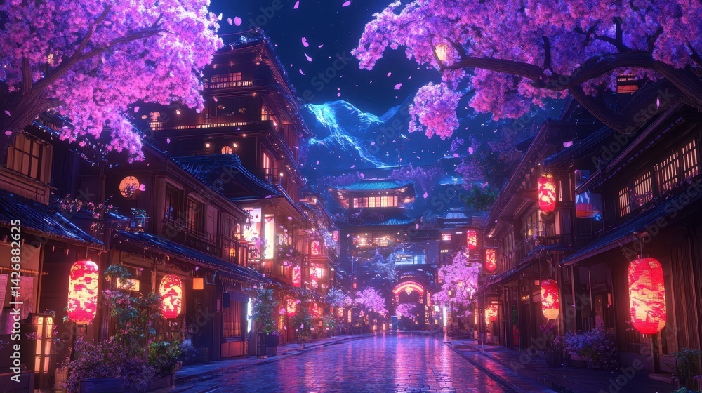 A stunning fusion of traditional Japanese architecture and cyberpunk aesthetics, featuring city streets illuminated by neon lights and adorned with classic Japanese elements. A stunning fusion of traditional Japanese architecture and cyberpunk aesthetics, featuring city streets illuminated by neon lights and adorned with classic Japanese elements.