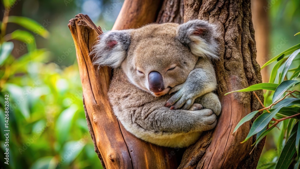 Fototapeta premium A koala curled up in a eucalyptus tree, snuggled into a ball