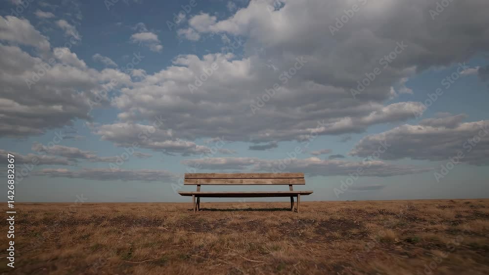 Serene Solitude on a Simple Bench Under Vast Blue Sky Serene Solitude on a Simple Bench Under Vast Blue Sky