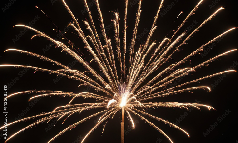 Firework explodes in the dark night sky, with colorful sparks and flames