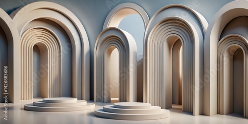 Elegant 3D geometric composition with repeating arches, clean lines, and a serene neutral color palette