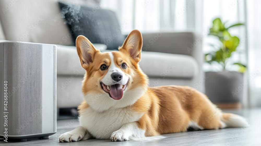 Owner playing fetch with dog indoors while air purifier cleans air in the background.