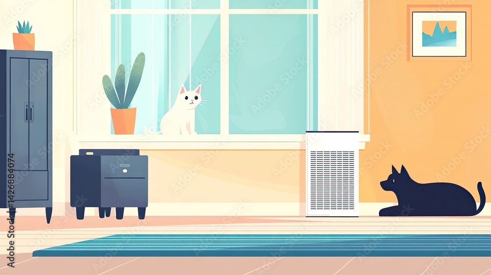 Pet-friendly smart home with air purifier operating near large window, a cat sitting on sill and a dog lying on the rug.