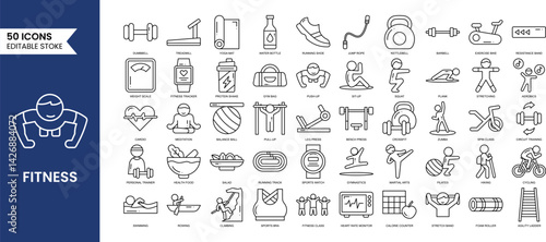 Fitness editable icons set in line style. Containing basic workouts and activities such as sports gear, running shoes, yoga, diet plans, weights, and tracking and more. Vector illustration