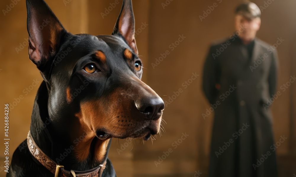 A man stands beside a black and brown dog, both wearing formal attire