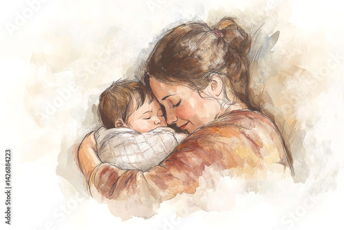Sketch of Loving Mother Holding Baby