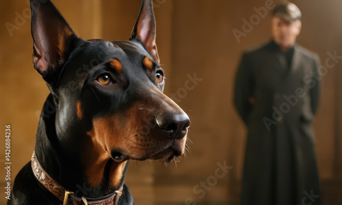 Obraz na płótnie A man stands beside a black and brown dog, both wearing formal attire w salonie