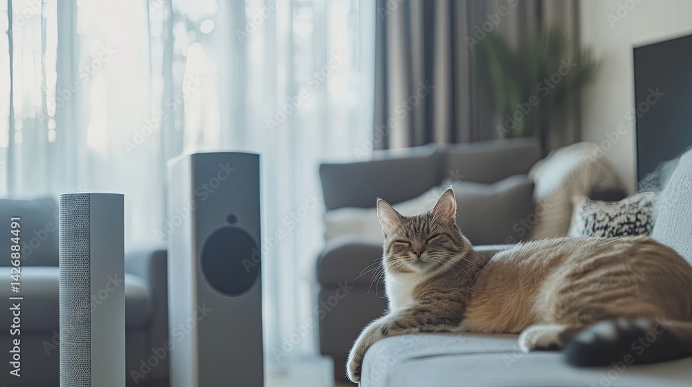 Sleek air purifier quietly running in background while a cat stretches and a dog naps on sofa in minimalist modern home.