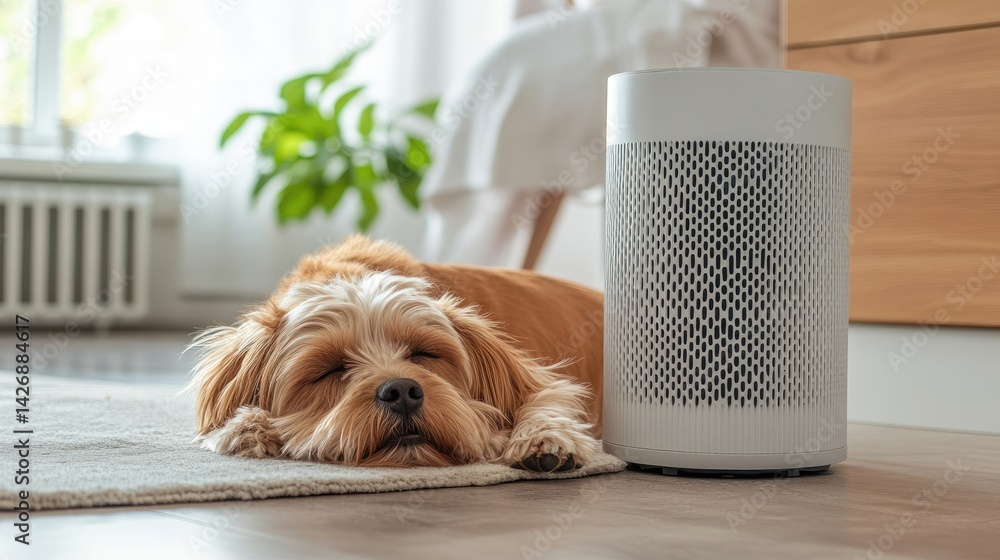 Small dog resting near air purifier in bright, pet-safe kitchen corner.
