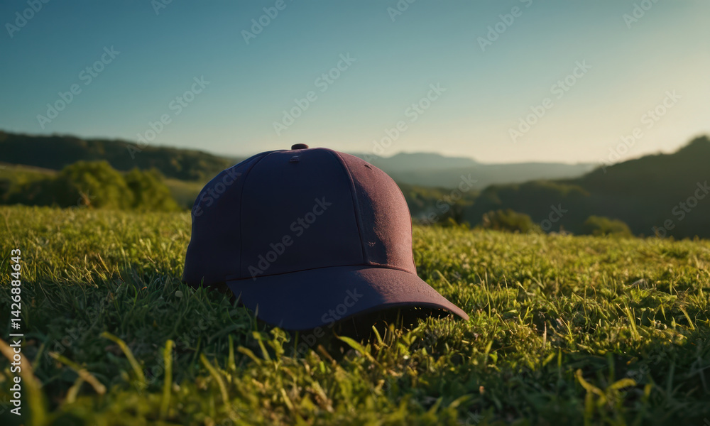A single baseball cap sits atop a vibrant green grassy area, perfect for outdoor sports or nature scenes
