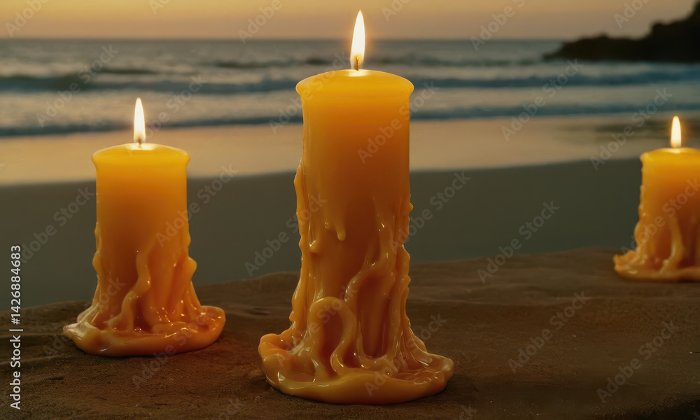 Three candles lit up on a wooden table, perfect for creating cozy ambiance or as decorative element in home decor
