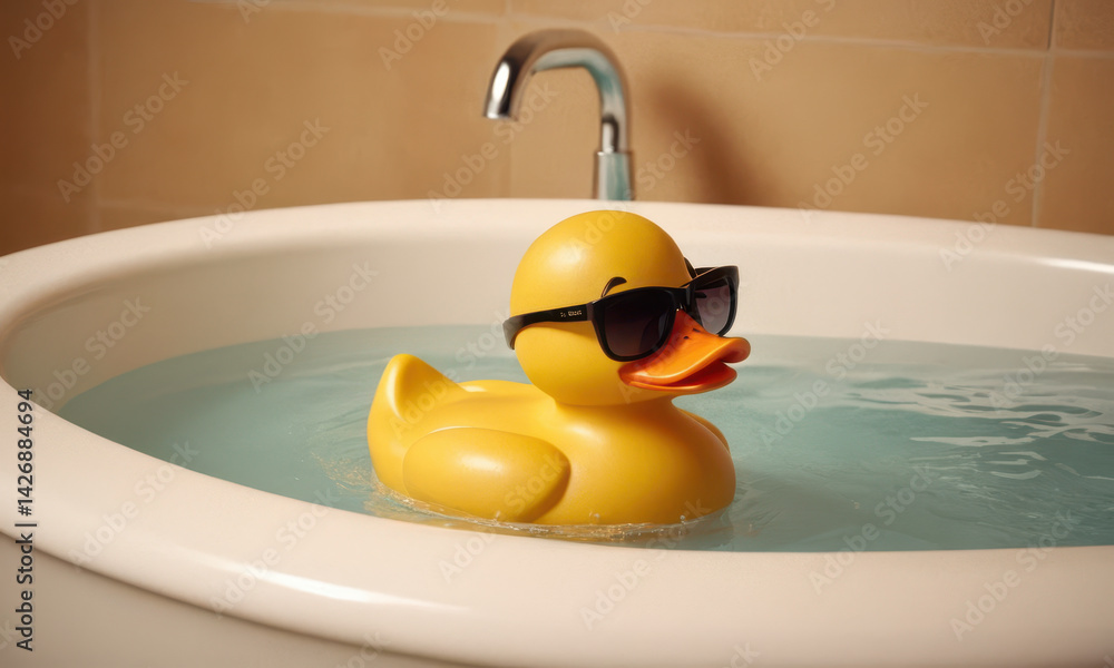 A playful rubber duck sitting in a bathtub, wearing trendy sunglasses
