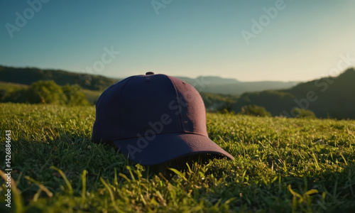 Obraz na płótnie A single baseball cap sits atop a vibrant green grassy area, perfect for outdoor sports or nature scenes w salonie
