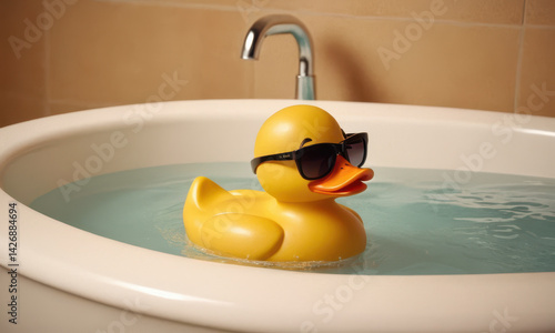 A playful rubber duck sitting in a bathtub, wearing trendy sunglasses