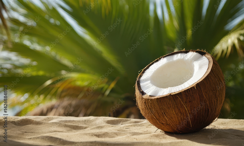 A single coconut sits atop a sandy beach, surrounded by calm waters