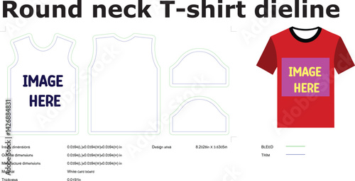 Round Neck T-Shirt Design Template Dieline, Mockup, and Measurements