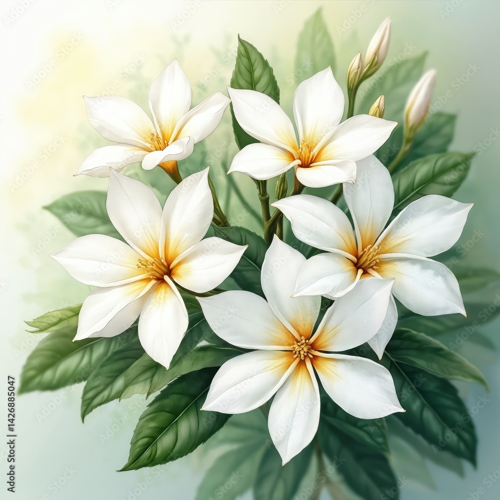 Fototapeta premium Watercolor painting jasmine flowers bloom with green leaves. White petals with yellow core in soft focus. Botanical illustration for invitations cards. Delicate flowers, spring season, wedding design.