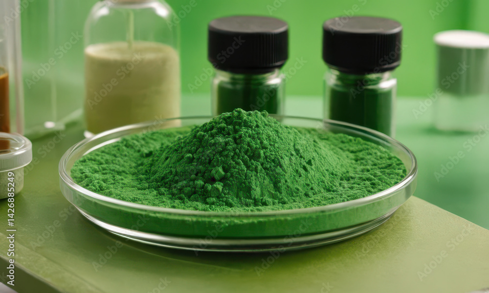 A bowl filled with green powder sitting on a counter, suitable for illustrations about health supplements or nutrition