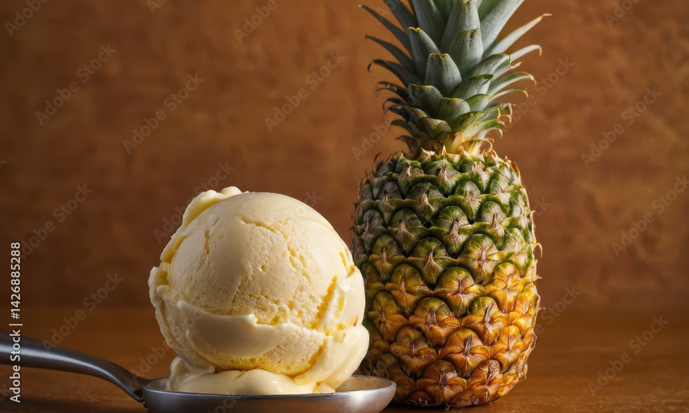 Fresh pineapple with a generous scoop of creamy ice cream, perfect for hot summer days