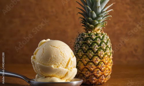 Fresh pineapple with a generous scoop of creamy ice cream, perfect for hot summer days