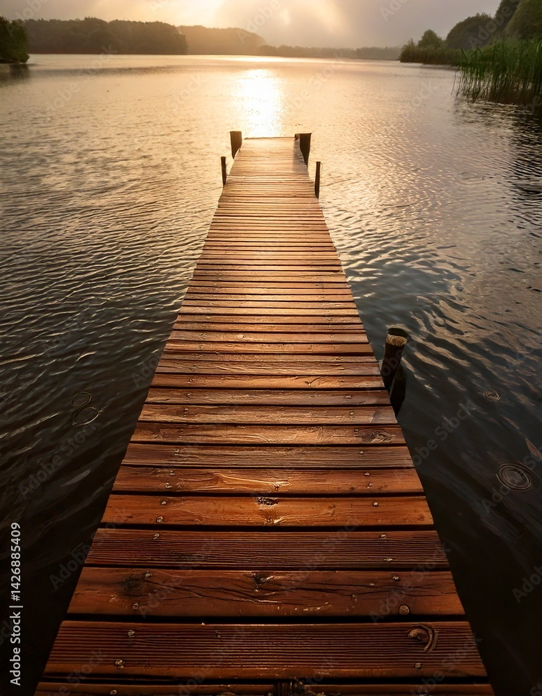 Fototapeta premium Realistic Rain-Drenched Lake Dock with Reflections and Subtle Lighting
