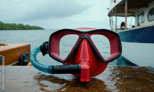 Obraz na płótnie A scuba mask sits atop a wooden table, ready for use w salonie