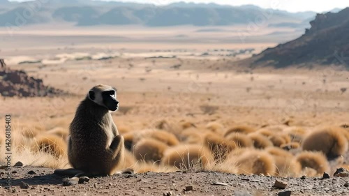Monkey Sitting Watching a Vast Landscape in Desert Terrain