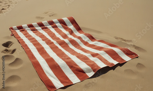 Obraz na płótnie A bright orange and white striped towel lying on a sunny beach, perfect for drying off after a swim or lounging in the sun w salonie