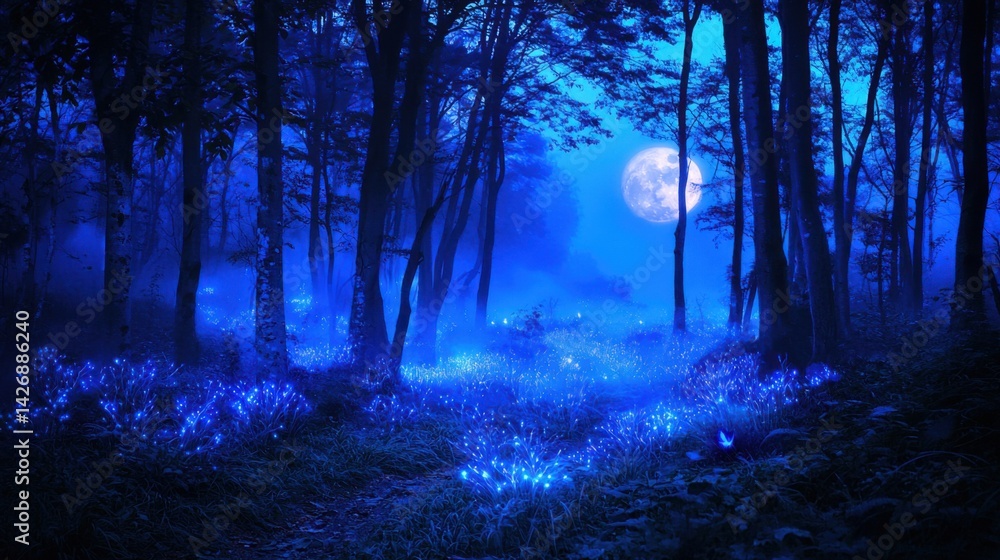 Fototapeta premium Mystical Nightscape with Glowing Flowers Under Full Moonlight