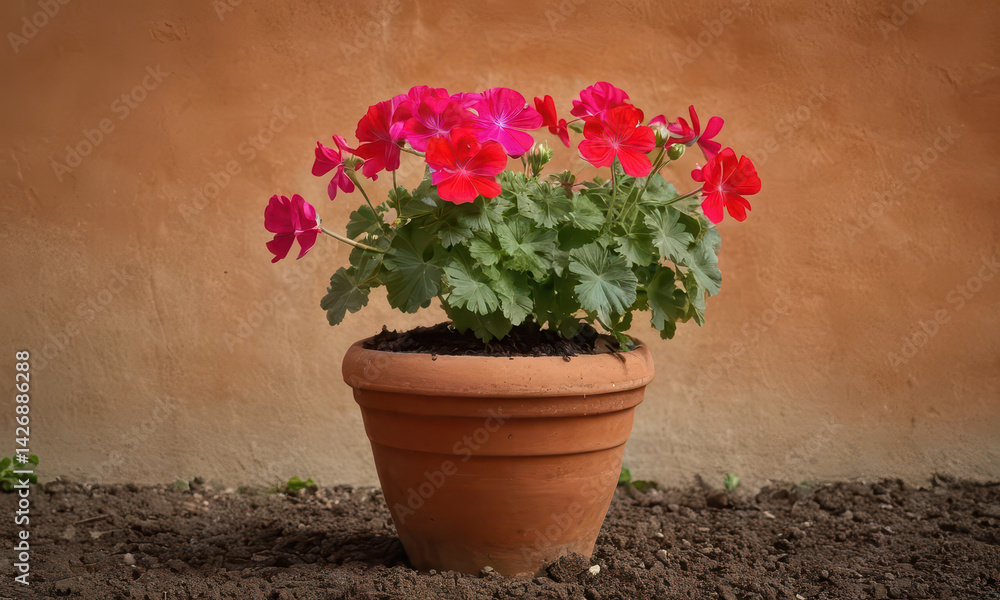 A pot holding vibrant red and pink flowers, suitable for decoration or gift