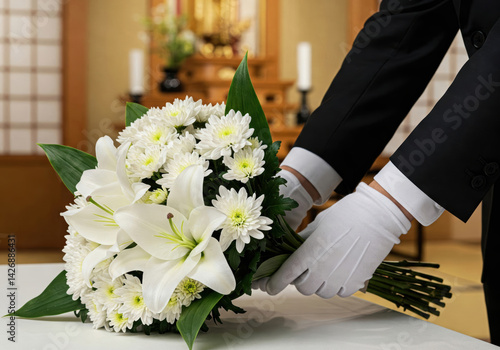 白い供花を整える葬儀スタッフの手元