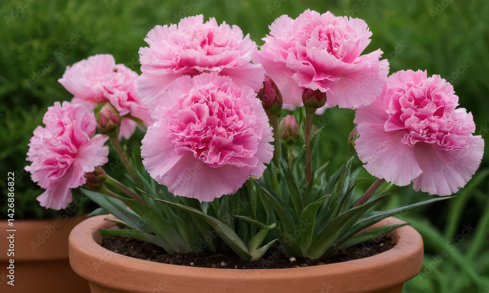 A close-up shot of a potted plant with pink flowers, suitable for use in home decor or still life photography