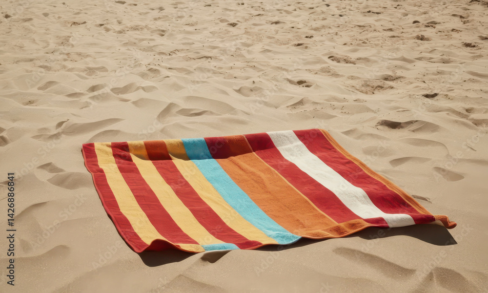 Beach scene with a towel and footprints in the sand, perfect for summer or vacation concepts