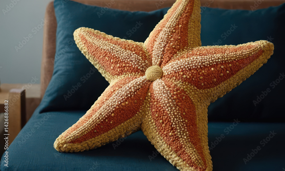 A starfish-shaped pillow sitting on a blue couch, perfect for decorative purposes