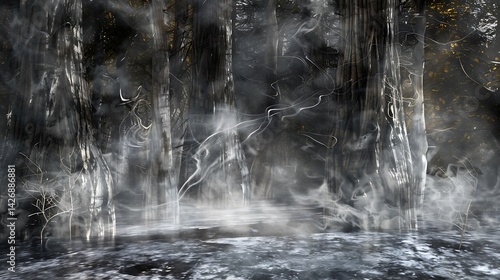 Foggy, mystical forest scene bathed in ethereal light.
